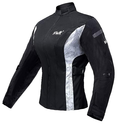 HWK Adventure/Touring Motorcycle Jacket for Women, Women's Motorcycle Jacket with CE Armor for Enduro Motorbike Riding, Water Resistant Textile Biker Jacket for Women - Black & White, Small
