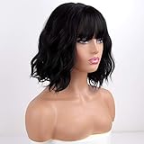 MISSQUEEN Short Wavy Black Wig with Bangs, Short Black Bob Wigs for Women, Wavy Bob Wig with Bangs Synthetic Natural Looking Heat Resistant Fiber Wigs