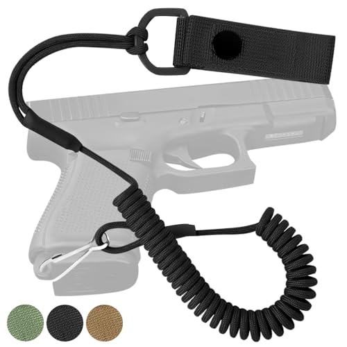 TECEUM Tactical Pistol Lanyard – Black – Equipment Accessories for Military, Police, Security & Personal Use – Spring Safety Strap with D-Ring Keeper – Anti-Lost Elastic Coil for Belt or MOLLE
