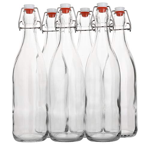 Flip Top Glass Bottle [1 Liter / 33 fl. oz.] [Pack of 6] – Swing Brewing with Stopper for Beverages, Oil, Vinegar, Kombucha, Beer, Water, Soda, Kefir Airtight Lid & Leak Proof Cap Clear