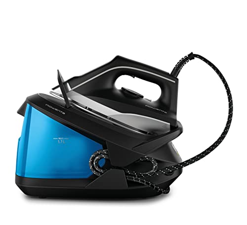 Rowenta Compact Stainless Steel Soleplate Professional Steam Station for Clothes, 57 Ounce Removable Tank, Lightweight, Compact 1500 Watts Iron, Fabric Steamer, Garment Steamer Black and Blue, VR8324.