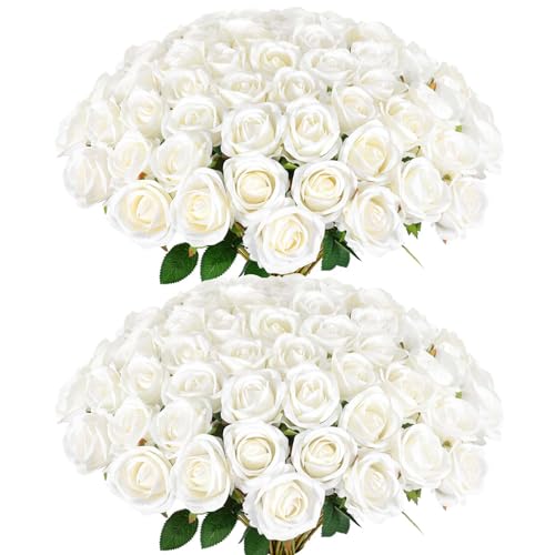 60 Pcs Artificial Roses Bulk Velvet Silk White Roses White Roses for Wedding Centerpieces Bridal Bouquet Mohter's Day Valentine's Day Home Decor (60, White)