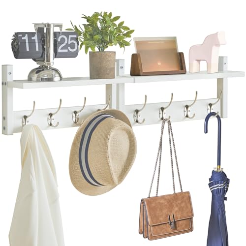 YMYNY Coat Rack Shelf Wall Mounted, Coat Hooks Set of 2, Entryway Coat Hanger with 4 Double Hooks, 31.5" Wall Floating Shelf with Hat Rack, for Kitchen, Bedroom, Bathroom, White UHWS001W-2