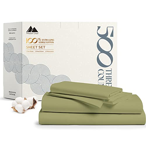 Mayfair Linen 500 Thread Count Full Cotton Sheets - 4 PC Full Size Bed Sheet Set Cotton (Sage Green), Soft, Cooling, Sateen Hotel-Quality 16" Deep Pocket Bedsheet for Hot Sleepers (Fits 18" Mattress)