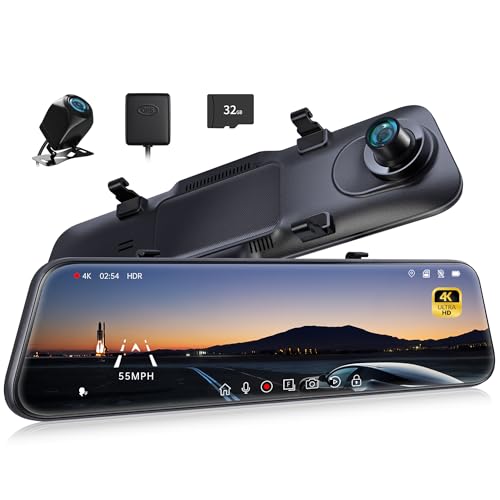 Pelsee P12 Pro 4K Mirror Dash Cam, 12'' Rear View Mirror Camera Smart Driving Assistant w/ADAS and BSD,2160P Front and Rear Camera,Voice Control,Night Vision,Parking Monitoring,32GB Memory Card