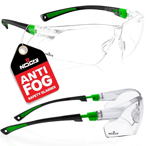NoCry Safety Glasses with Clear Anti Fog Scratch Resistant Wrap-Around Lenses and No-Slip Grips, UV Protection. Adjustable, Black & Green Frames (10 pack)