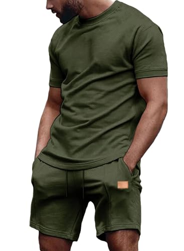 Dokotoo Men Men's Tracksuit 2 Piece Summer Short Sets Outfits Casual Crewneck T Shirts and Joggers Shorts Sweatsuits Sets Moss Green X-Large