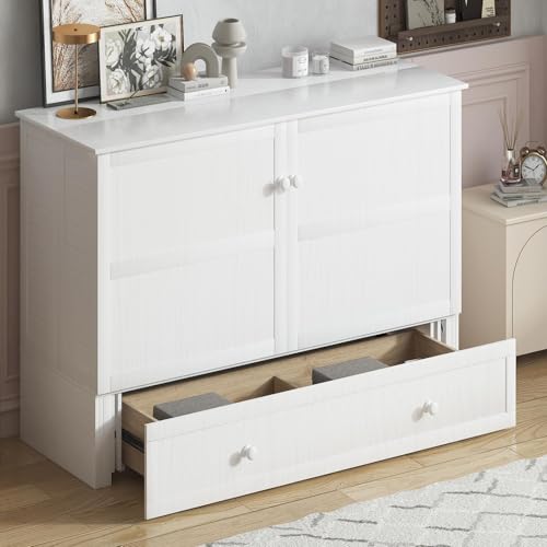 BALUS Murphy Bed, Queen Cabinet Bed with Tri-fold Mattress, USB Charging Station, 2 Storage Drawers, Solid Wood Cube Chest Beds, Space Saving, Easily Convertible for Livingroom, Bedroom（White）