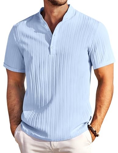COOFANDY Men's Casual Henley T-Shirt Short Sleeve Summer Beach Linen Hippie Top Light Blue