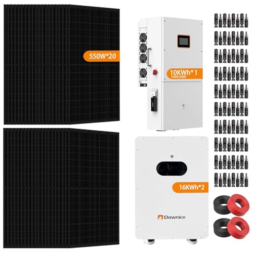 11000W Hybrid Solar System Complete Kit with 2 PCS 51.2V 314Ah LiFePO4 Battery Wall Mount 32153Wh Battery 550W Solar Panels 20PCS Bifacial 10KW Split Phase Inverter with MPPT Controller 120V/240V UL