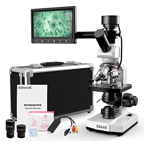 Microscope for Adults with 40X-2500X Magnification, Dual-View Research-Grade Compound Monocular Microscopes with 7'' LCD Screen, Wide-Field 10X 25X Eyepiece, Built in 5MP Camera, Dual Illumination