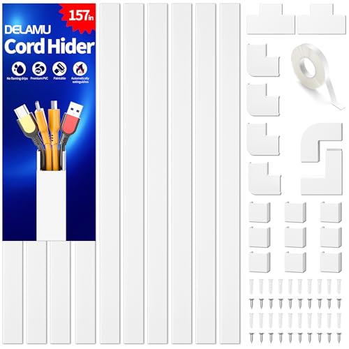 Delamu 157in Cord Hider, Cable Management Raceway, Paintable Wire Cover for Cords for TV on Wall, 10 X L15.7 W1.18 H0.6in, White