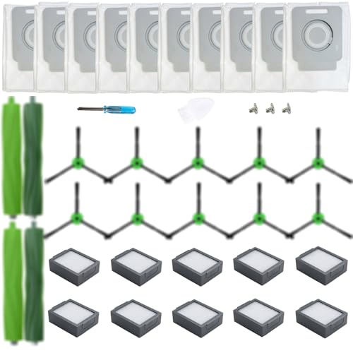 LOVECO Replacement Accessories Compatible for iRobot Roomba I & J Series, i8+ i7+ i6+ i5+ i4+ i3+ i2+ i1+ j8+ j7+ j6+ j5+, 2 Set Multi-Surface Rubber Brush, 10 Filter, 10 Side Brush, 10 Dust Bag