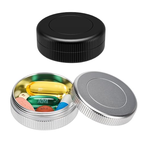 Aufew 2 Pack Mini Pill Case, Metal Travel Pill Box for Purse, Pocket Pharmacy, Cute Vitamin Organizer for Daily Pills, Small Essentials (Black & Silver)