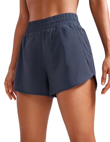 CRZ YOGA Womens High Waisted Running Shorts Mesh Liner 3'' Dolphin Quick Dry for Athletic Gym Track Workout with Zip Pocket Navy Small