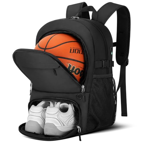 OCKLILY Basketball Backpack Sport Bags, Waterproof Large Basketball Equipment Bag with Ball and Shoe Compartment, Soccer Backpack Volleyball Backpacks, Basketball Bookbag for School Travel, Black