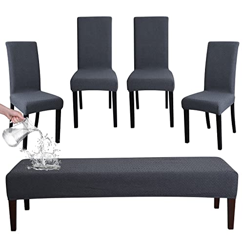 FORCHEER Dining Chair Covers and Bench Covers Set Waterproof Dark Grey Jacquard Washable Parsons Chair Slipcover Removable Seat Protector for Dining Room- 4 PCS Chair Cover+1 PC Bench Cover