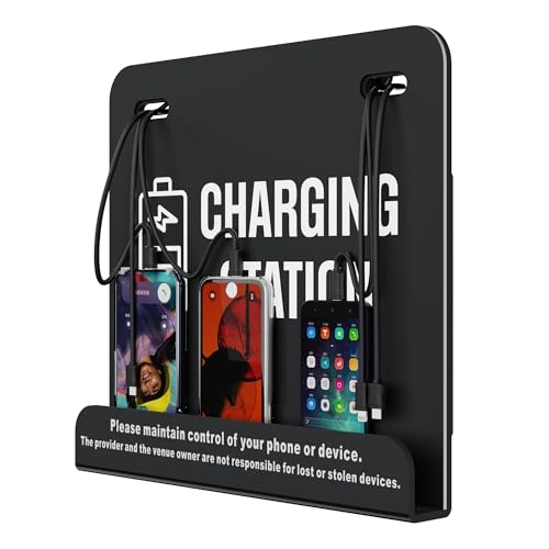 6-Port Mini Wall-Mounted Cell Phone Charging Station Compatible with 3 Type-C, 2 Apple, 1 Micro USB, Ideal for Hospital, City Hall, Shelter, Bank, Hotel, Gym, Airport, Stadium, Park, Library (Black)
