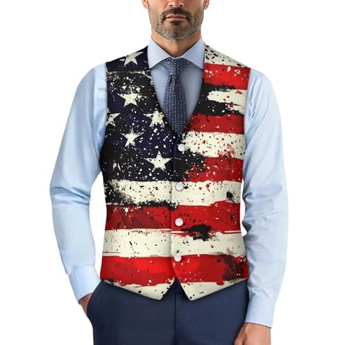 AQYAPTOIY American Flag Men's Suit Vests XL Red Sleeveless Vest for Men Button Down Waistcoat Fashion Waist Coats Men Herringbone Waistcoats for Prom Wedding chalecos de vestir para hombre