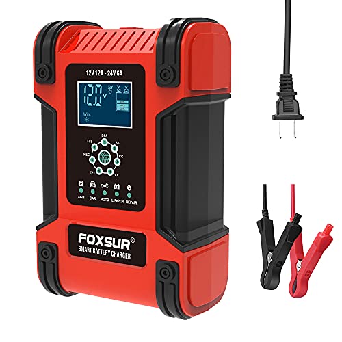 FOXSUR 12V 24V 12A Smart Lead Pulse Repair Charger LiFePO4 Motorcycle & Car Battery Charger AGM Deep Cycle Gel EFB Lead-Acid Charger