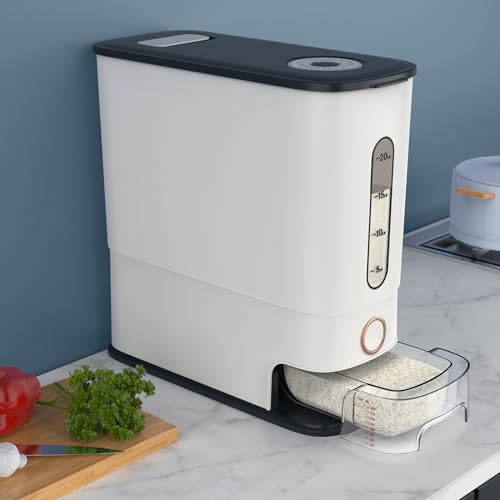 Lenwi 26.5 Lbs Rice Dispenser, Large Dry Food Storage Container with Scale Measuring Cup, BPA-Free Household for Kitchen Pantry Organization, White