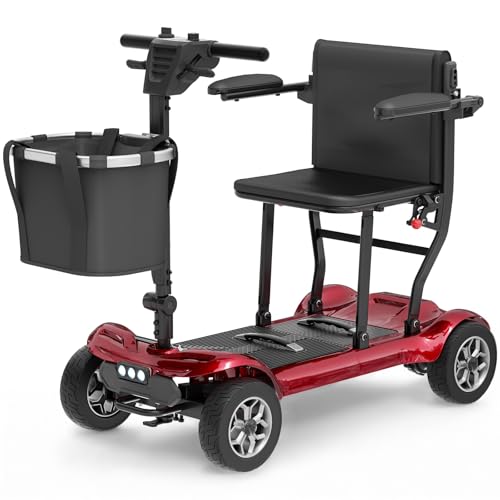 Powered Mobility Scooter for Adults, Seniors - 23MI Extra Long Range Foldable 4 Wheel Electric Motorized Scooter for Travels with Airport Approved Dual Batteries, All Terrain Motorized Scooter (Red)