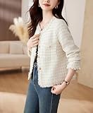 Anzber Vintage Women Woolen Tweed Coat O-Neck Slim Short Jackets Korean Wool Blends Outwear Tops,WHITE,M