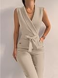 Women's Elegant Jumpsuits V Neck Sleeveless Straight Belted Long Pants Business Suits Set with Pockets Khaki XL