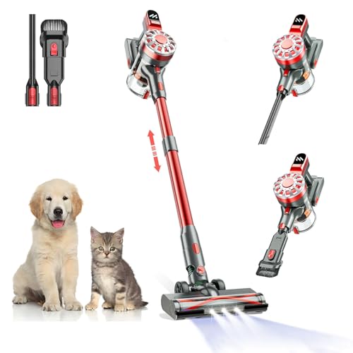 WLOTPO Cordless Vacuum Cleaner for Home with Powerful Suction,Lightweight Stick Vacuum Cordless Rechargeable with 35 Mins Runtime, Hardwood Floor Vacuum for Pet Hair,Carpet,Tile(Red)