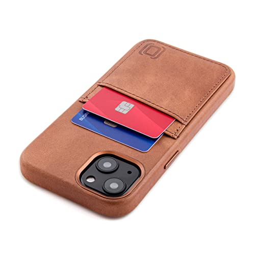 Dockem Genuine Leather Card Case for iPhone 13 with Built-in Metal Plate for Magnetic Mounting, Stitched-on Wallet with 2 Credit Card Holders, 6.1" M2GL [Light Brown]