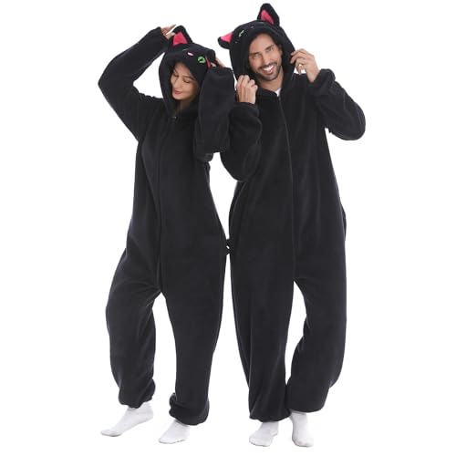 Black Cat Onesie Teen Adult, Pet Costume Pajamas Women Men, Home Animal Blanket Hoodie Pjs Halloween Cosplay Small