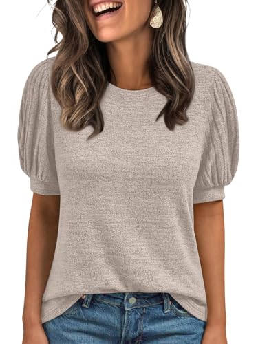 AUTOMET Womens Summer Tops Dressy Casual Blouses Business Short Sleeve Shirt 2025 Cute Trendy Sweater Khaki M