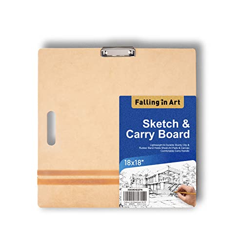 Falling in Art 18x18 Sketch Board, Drawing Tote Board for Artists with Sturdy Clip and Rubber Bands, Portable Art Clipboard for Classroom and Studio Drawing