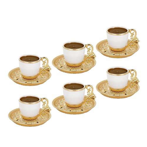 LaModaHome Espresso Coffee Cups with Saucers, Set of 6 Turkish Arabic Greek Coffee Cups for Women, Men, Adults, Guests or for Tea Party. Traditional Cappuccino Cups for Latte, Cafe Mocha - Gold/White