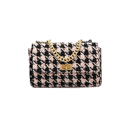 BERTY·PUYI PU Leather Houndstooth Ladies Shoulder Bag Autumn And Winter Fashion Woolen Cloth Crossbody Bag Chain crossbody handbag, Brown and black