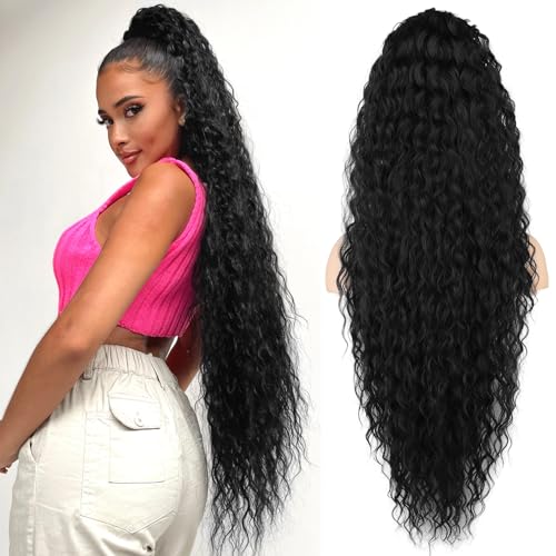 Black Ponytail Extension, SEIKEA 36" Long Lightweight Full Natural Curly Drawstring Ponytail Fake Pony Tail Multi Layered Soft Clip in Hair Extensions Ponytail Synthetic Hairpiece for Women