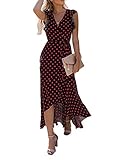 GRECERELLE Women's Summer Floral Print Cross V Neck Dress Bohemian Flowy Long Maxi Dress PD-Red Black-Large