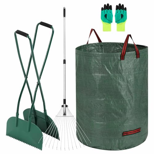 Leaf Grabber and Adjustable Metal Rake Set with Long Handle, 79-Gallon Reusable Yard Waste Bags & Gloves – Complete Leaf Collector Tool Kit
