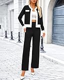 PRETTYGARDEN Women's 2 Piece Outfits Long Sleeve Button Down Color Block Cardigan Sweater Sets Wide Leg Pant Lounge Set(Black,Small)