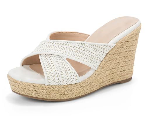 Mezent Women's Wedge slides-sandals - espadrilles raffia sandals -summer Open Toe platform Slip On high heel casual sandals beach comfortable slippers White SIZE 7.5