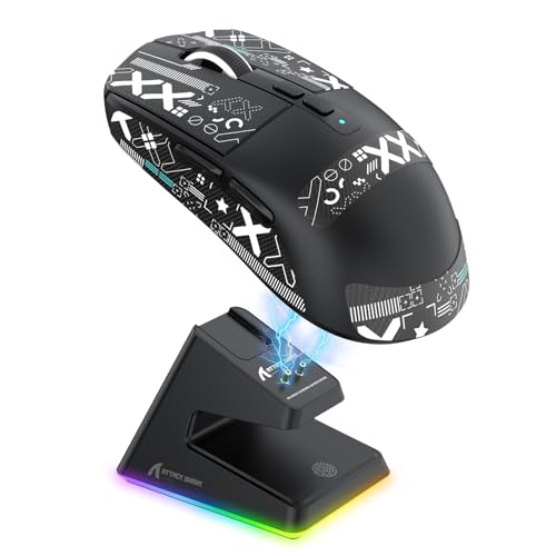 ATTACK SHARK X6 Lightweight Wireless Gaming Mouse with RGB Backlight Charging Base,Tri-Mode Wired/2.4GHz/BT5.2,26K DPI, PAW3395 Optical Sensor,HUANO Switch,5programmable Buttons,PC/Mac(Black+Sticker)