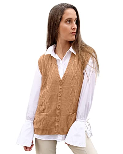 TINKUY PERU Sweater For Women, V Neck Argyle Sweater Vest, Soft Authentic Peruvian Alpaca Wool Knitted Jacquard Pullover Sleeveless Sweater with Buttons for Women, Size S-2XL, (Camel, Large)
