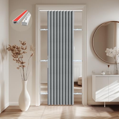Jilron Accordian Door Curtain,Install Adhesive Track 100% Blackout Doorway Curtains,Suitable for Bedroom,Closet,Interior Room Divider,Gray 43" W×78" L,1 Piece