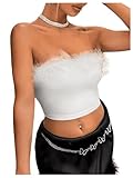 OYOANGLE Women's Fuzzy Trim Strapless Sleeveless Solid Fitted Bandeau Crop Tube Top White XS