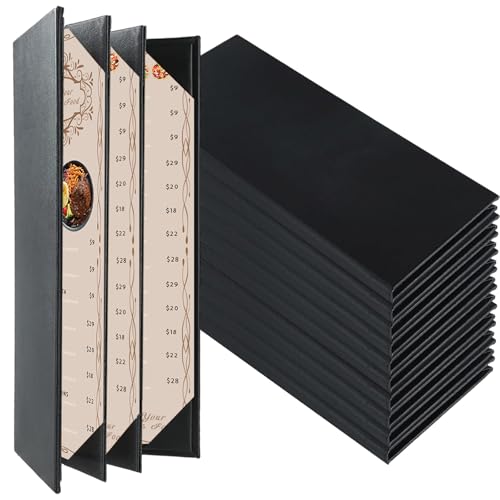 FLKQC Restaurant Menu Covers Holders 4.25" x 11" | Pack of 10 Synthetic Leather Quad Fold Panels 6 View Angled Corners Black for Wine List, Drinks (10, Quad Fold Panels 6 View (4.25 x 11 inch))