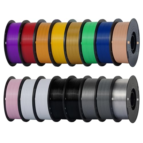 Kingroon PETG 3D Printer Filament, 16 Rolls, Dimensional Accuracy +/- 0.03 mm, 16kg Spool(35.2lbs), 1.75 mm, 2Black 2White Grey Red Blue Green Orange Silver Transparent Yellow Purple Skin Gold Pink