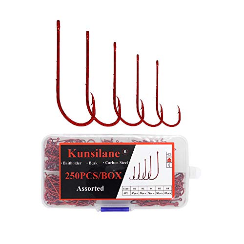 Kunsilane 250PCS Baitholder Hooks with Barbed Offset Fly Hooks Round Bend Fishing Hooks Red Color Size #1#2#4#6#8