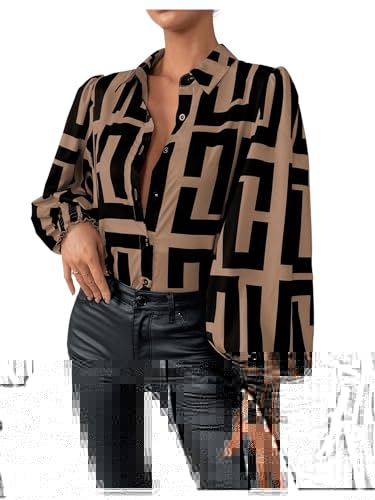 SweatyRocks Women's Graphic Print Long Lantern Sleeve Collar Neck Button Front Blouse Shirt Top Khaki S