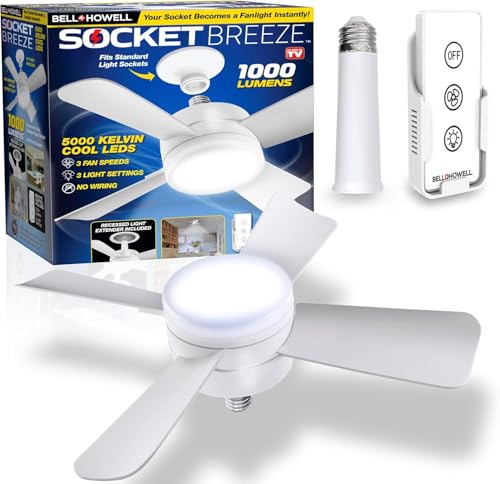 Bell+Howell Socket Ceiling Fan Socket Fan Modern Ceiling Fans with LED Lights, 10" LED E26/E27 Screw Base Mini Light Socket Fan with Cord for Bedroom, Living Room, Kitchen, Balcony
