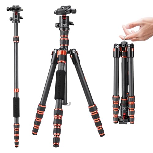 K&F Concept 60 inch Carbon Fiber Camera Tripod,Super Lightweight Compact Travel Tripod with 360 Degree Ball Head,Quick Release Plate,Detachable Monopod 8KG Load Capacity for SLR DSLR C225C0 (BA225)